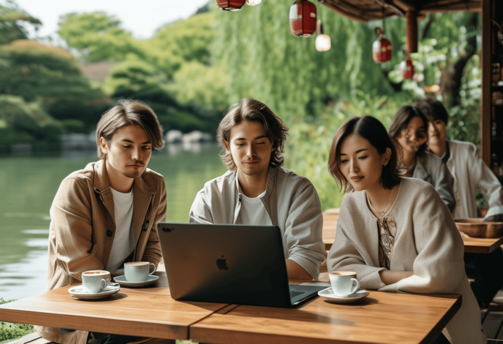 Groupes de jeunes entrepreneurs européens en tenu decontractées dans un café au bord de rivieres d'un jardin japonnais dans un parc, regardant un macbook pro