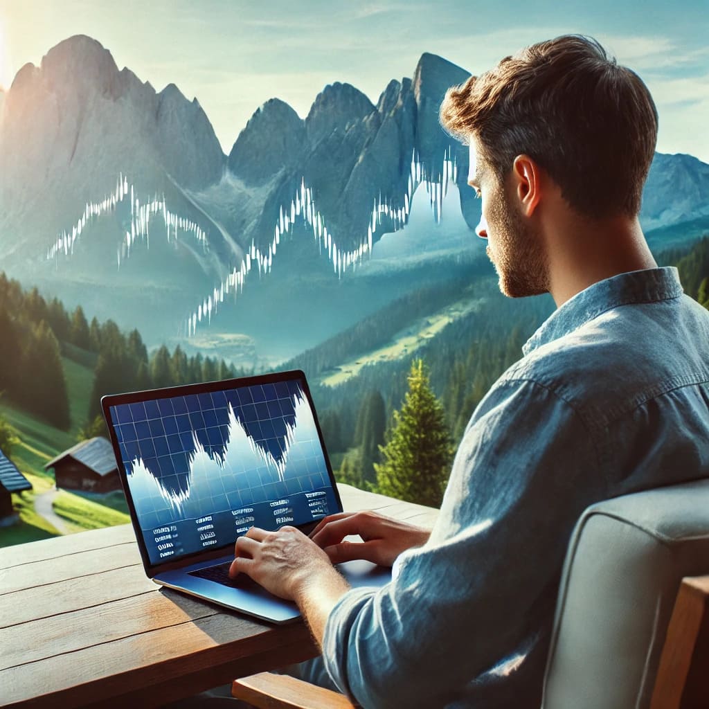 un trader moderne travaillant sur un MacBook dans une retraite de montagne sereine