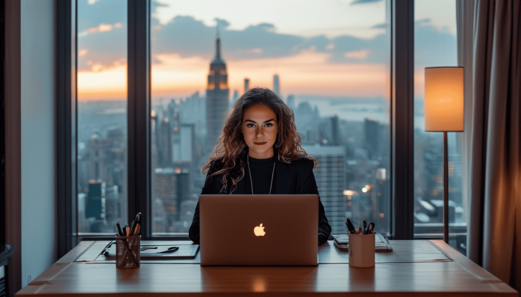 Jeune femme assise devant son macbook sur son bureau dans un appartement luxueux a New York