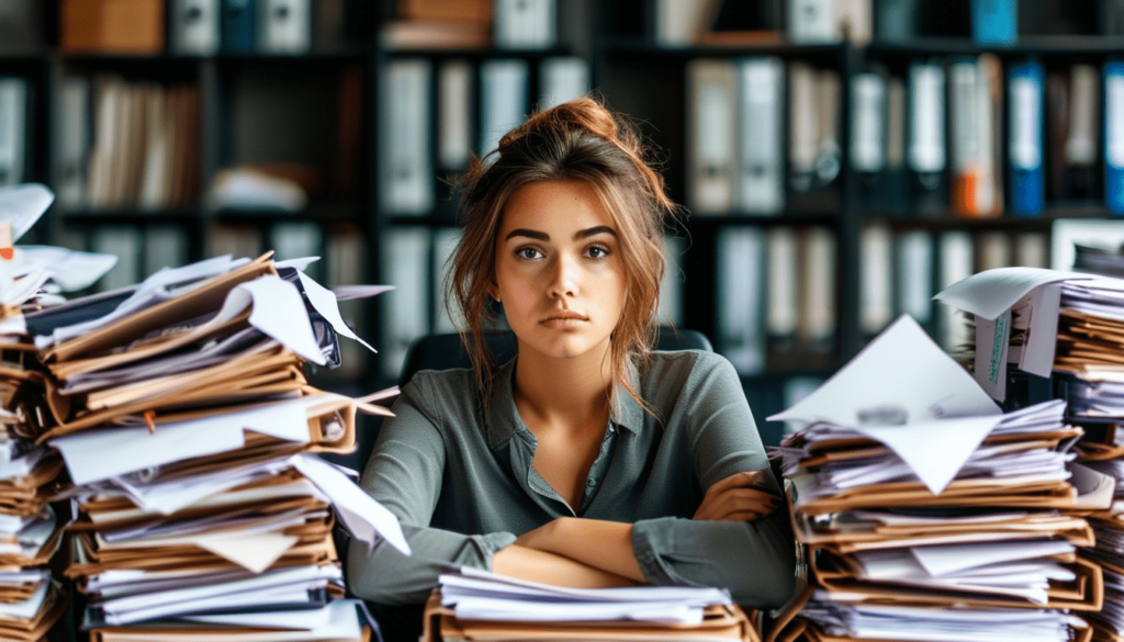 Jeune femme en sueur devant des tas de papiers sur son bureau tentant de comprendre quel statut juridique pour une prop firm il lui faut