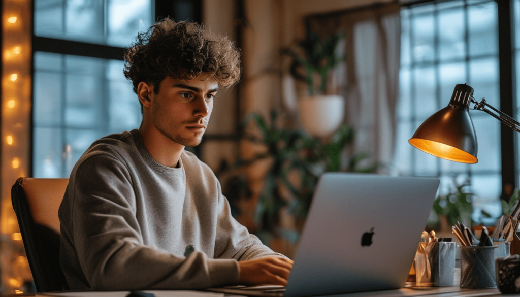 Jeune homme sur son bureau très concentré sur son macbook pour apprendre comment valider un compte prop firm