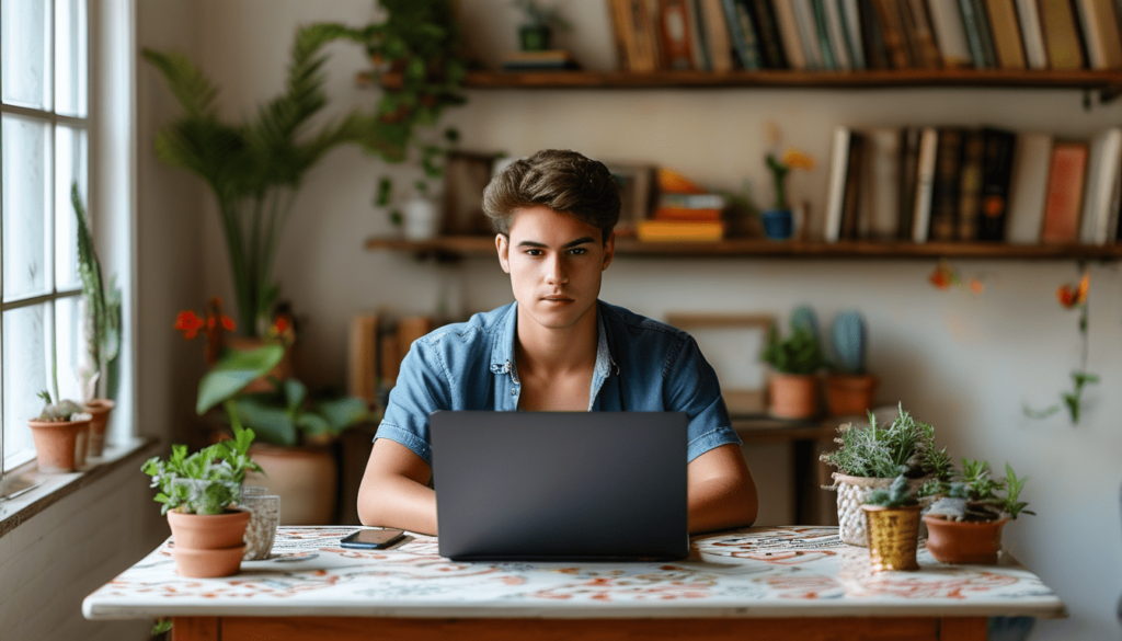 Jeune homme assis devant son ordinateur sur son bureau décoré sobrement, en train de trader pour une prop firm