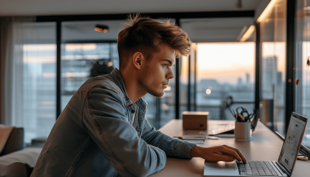 Jeune homme dans son bureau d'appartement moderne en train de regarder son macbook, vu de côté