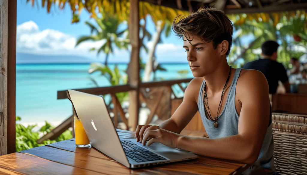 Jeune homme dans un café en bord de mer à Tahiti, concentré sur un Macbook avec un jus de fruit sur la table