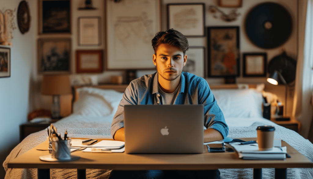 Jeune homme sur le bureau de sa chambre, en train de faire des recherches sur son macbook, pour savoir si une prop firm est fiable