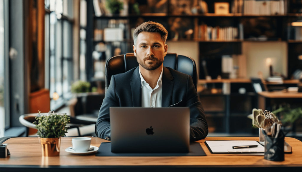 Un homme en dans un bureau luxueux, sur son macbook cherchant Quelle prop firm accepte le HFT