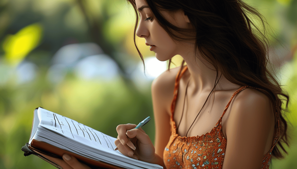 Un jeune femme tenant dans les mains un grand cahier, en train de prendre des notes l'air penseuse