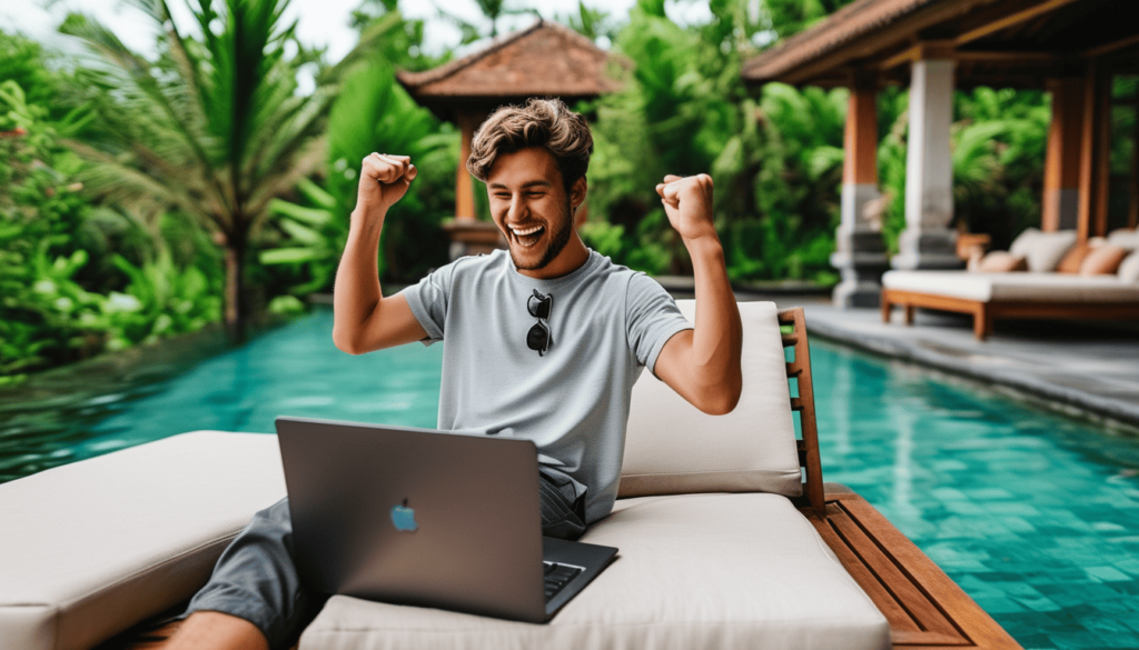 Un jeune homme éclatant de joie devant son macbook, assis sur un transat au bord d'une piscine dans une villa à Bali