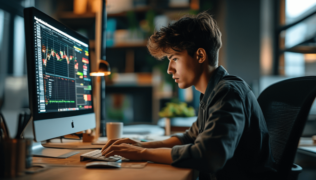 Un jeune homme en pleine concentration sur son iMac dans un bureau propre et sombre, concentré sur ses chartes de trading.