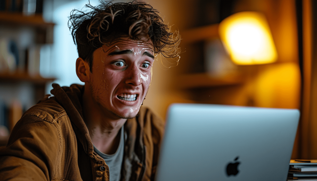 Un jeune homme en sueur devant son macbook, complétèment paniqué.