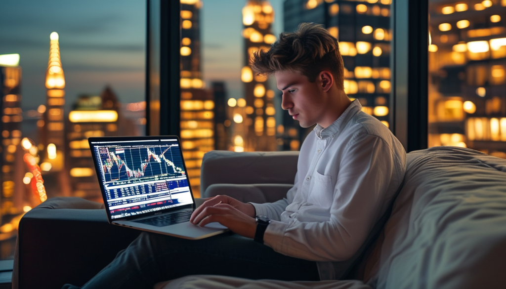 Un jeune homme en train d'analyser le graphique du NASDAQ sur son macbook dans un appartement luxueux et confortable.