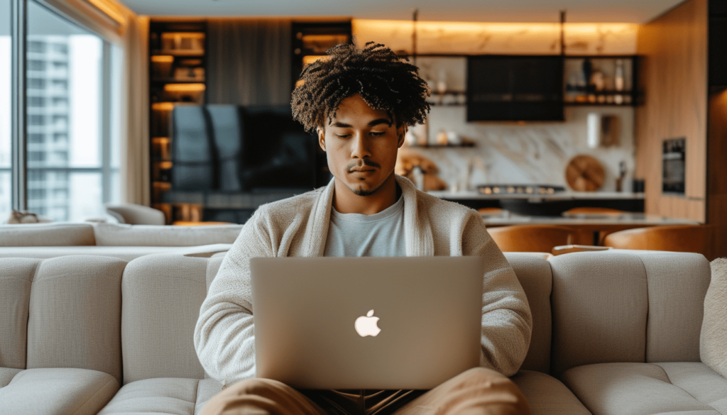 Un jeune homme en train de bosser sur son macbook dans un appartement luxueux et confortable.