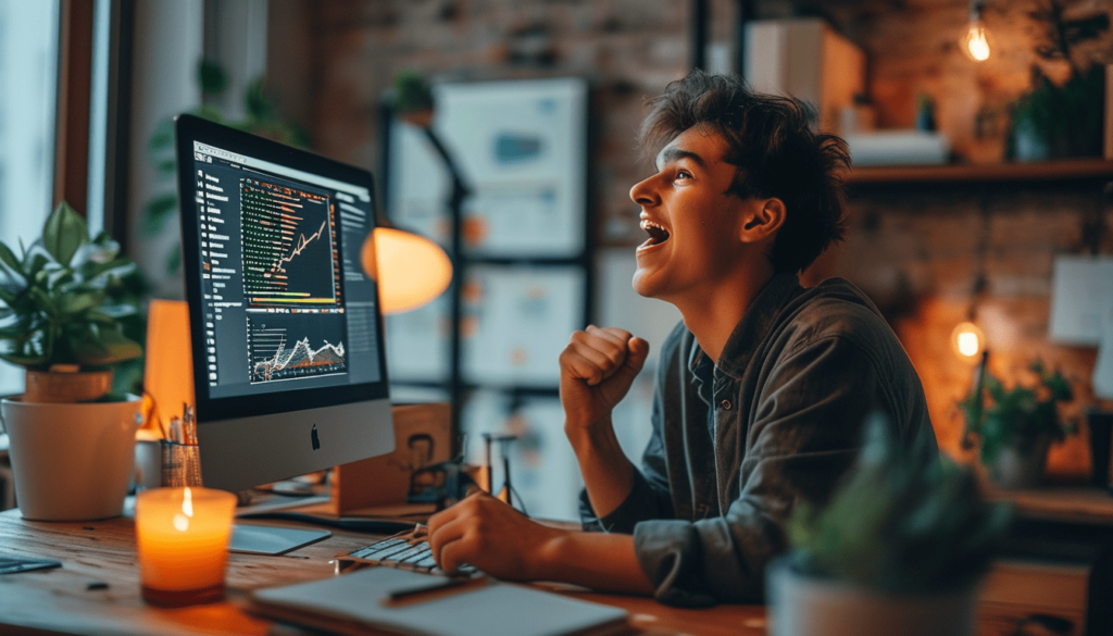 Un jeune homme qui explose de joie en regardant son iMac après avoir trouvé la meilleure prop firm