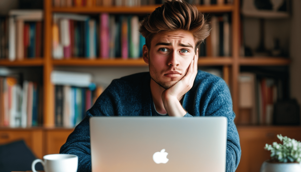 Un jeune homme songeur et perplexe devant son macbook