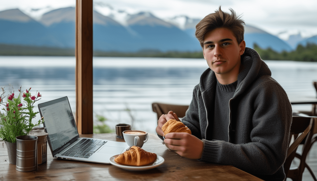 Un jeune homme sur son macbook dans un café situé en bord de lac en Patagonie, en train de manger un croissant