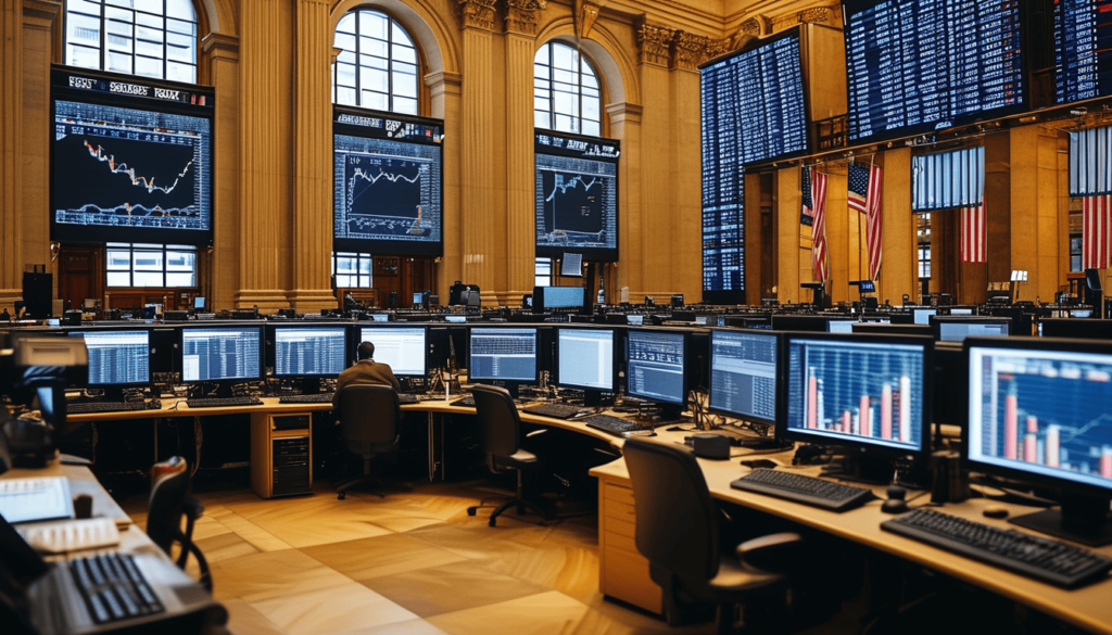 Un ordinateur géant avec des graphiques, dans une grande salle de marché Wall Street