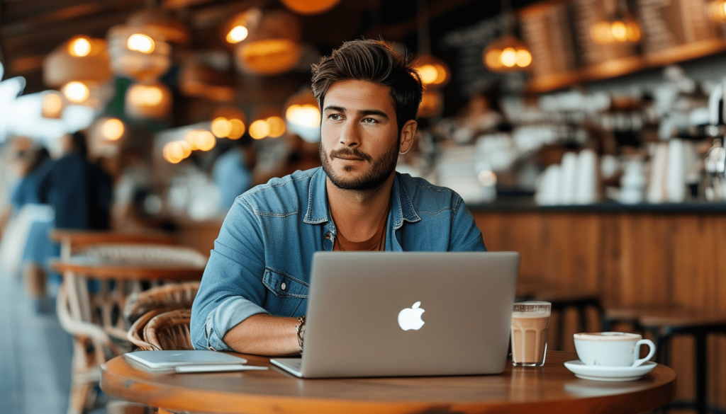 Un trader indépendant en train de travailler sur son macbook dans un café tendance, en tenu décontractée