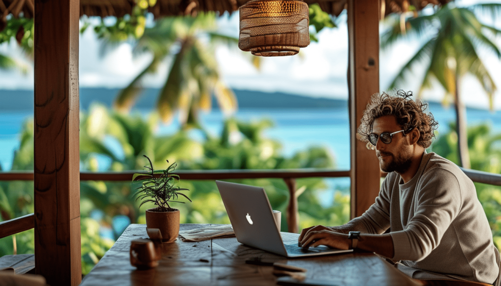 Un trader indépendant heureux en train de travailler sur son macbook dans un café coworking a Tahiti