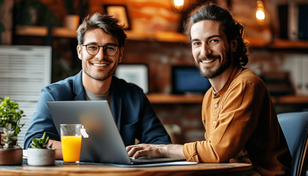 Un trader souriant devant son macbook pro, posé sur son bureau, en train de boire un jus 