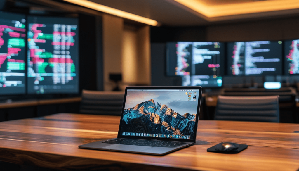 Un trader sur son ordinateur portable macbook installé sur une table au milieu d'une salle 