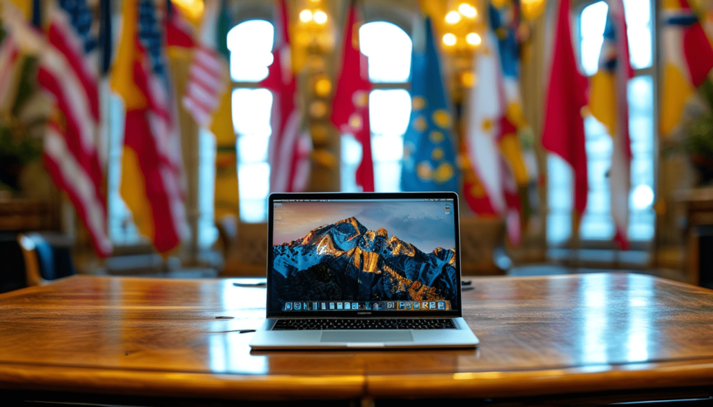 Un trader sur son ordinateur portable macbook installé sur une table au milieu d'une salle du G20, avec les drapeaux qui flottent tout autour de la salle