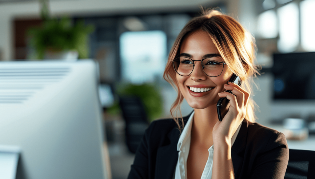 Une femme dans un bureau recevant un appel telephonique depuis son ordinateur, souriante et jolie