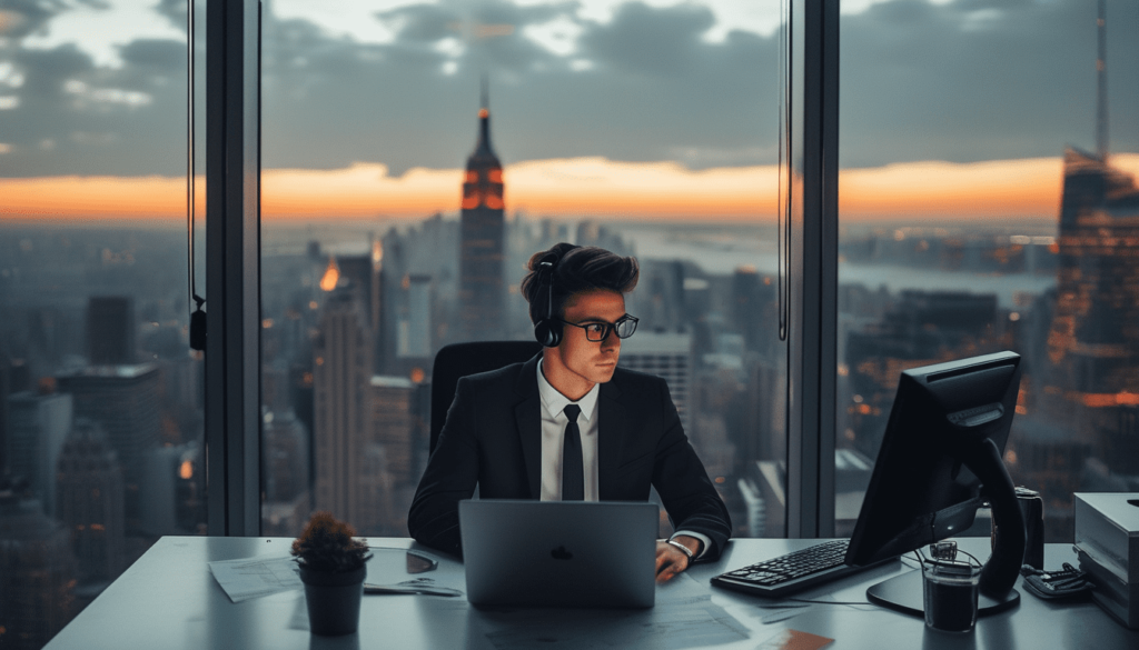 Une jeune homme en tenu de financier dans un bureau en haut d'un gratte ciel, travaillant sur son ordinateur de bureau