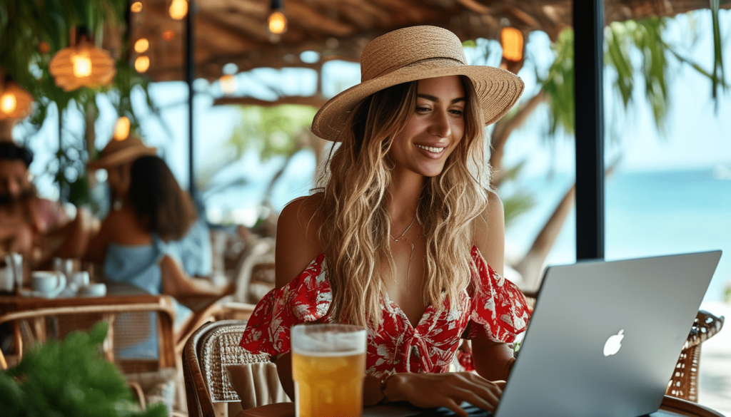 Une personne en tenu d'été en train de faire du trading sur ordinateur portable Dell dans un café workspace moderne au bord de plage