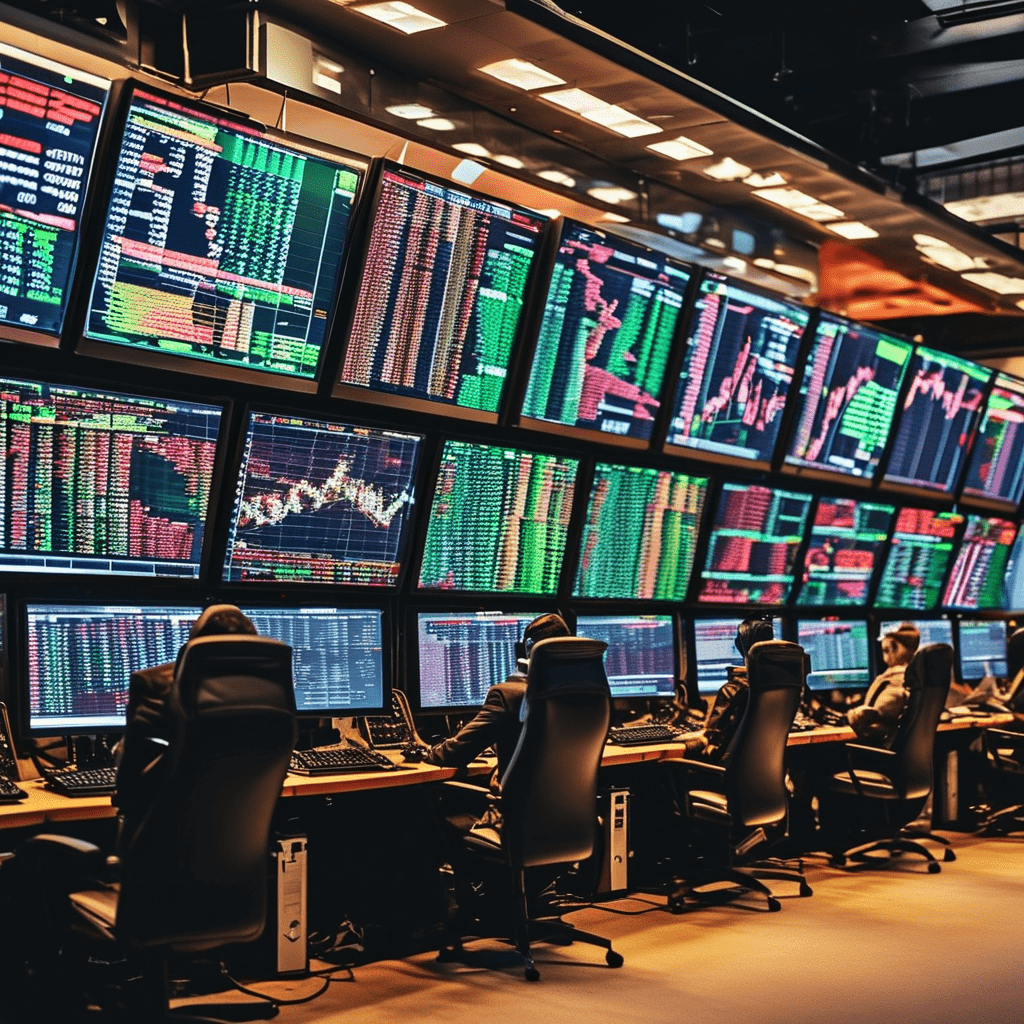 Entreprise de trading en bourse haute fréquence, présentant un salle de marché et des grands ecrans recouverts de charte graphique de bourse