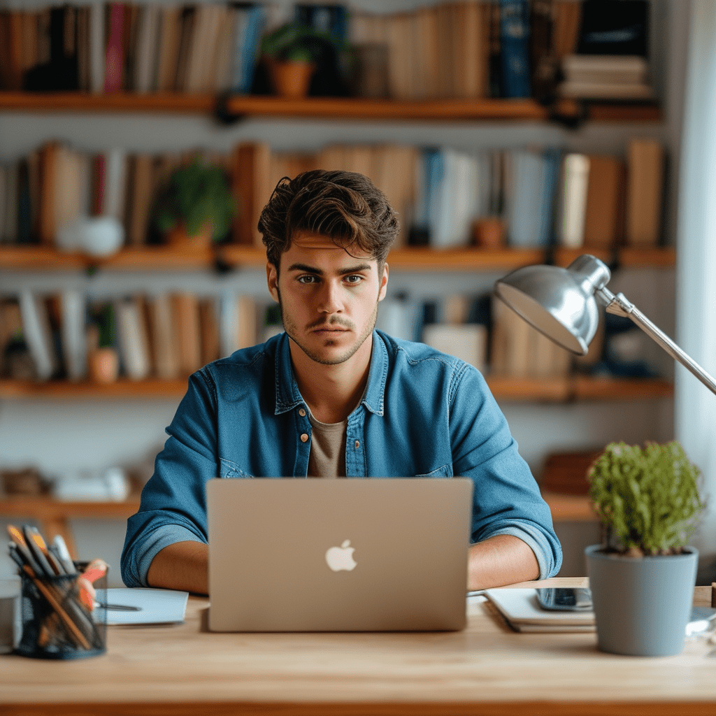 Jeune homme assis devant son bureau dans sa chambre très concentré sur son macbook