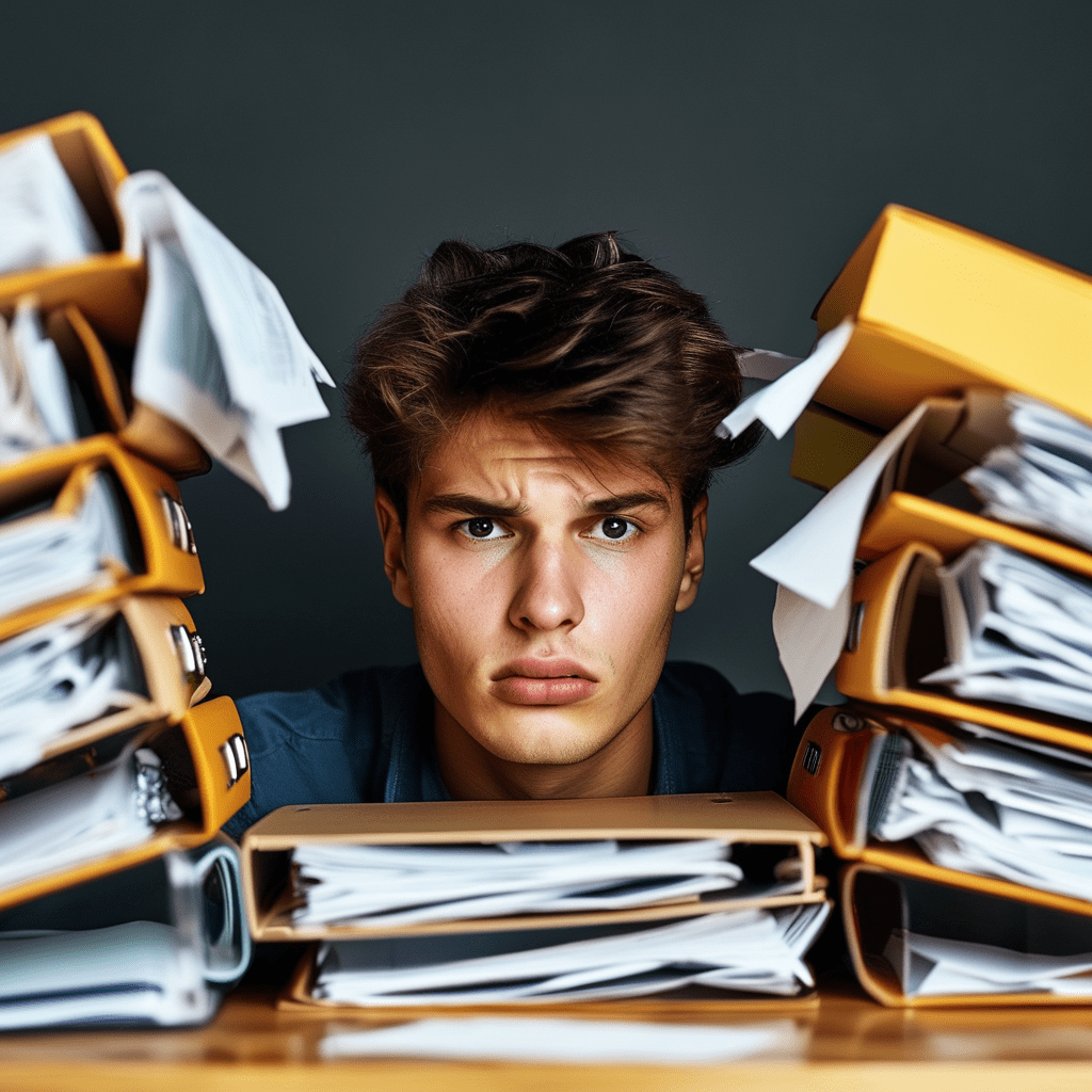 Jeune homme en suerus devant 3 tas de papiers sur son bureau