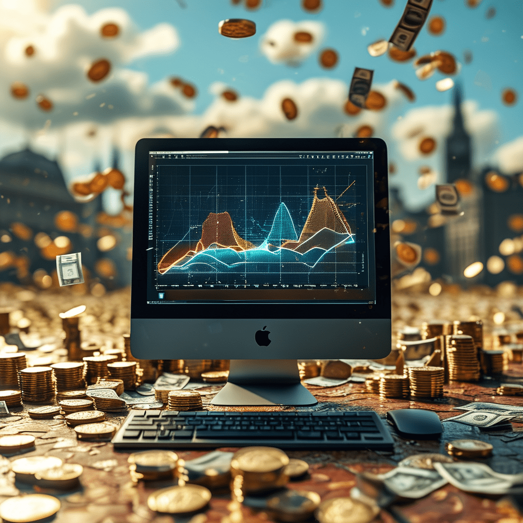 Un ordinateur fixe sur une table avec des graphique sur l'ecran, entouré d'un tas de billet par terre et dans les airs