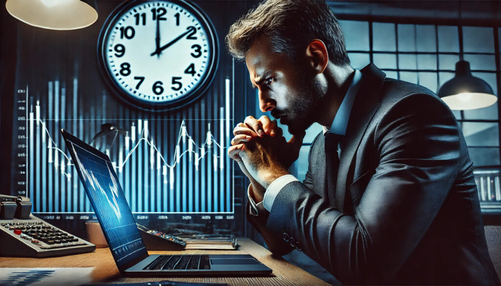 Un trader devant un ordinateur portable, avec à l'écran un graphique montrant une forte tendance à la hausse. Son visage est tendu et il semble sous pression. L'arrière-plan montre une horloge au tic-tac rapide, symbolisant l'urgence et la pression liées à la réalisation des objectifs de performance.