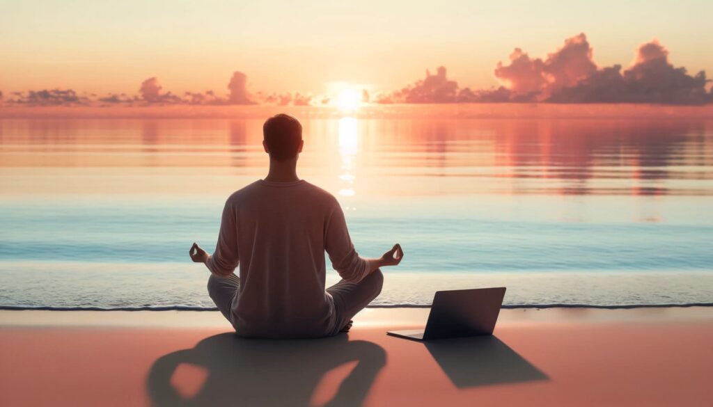 Un trader pratiquant la méditation sur une plage sereine au lever du soleil, assis les jambes croisées, les yeux fermés, un ordinateur portable à côté de lui. La mer calme et la lumière douce symbolisent l'importance de la gestion du stress dans les environnements à haute pression.