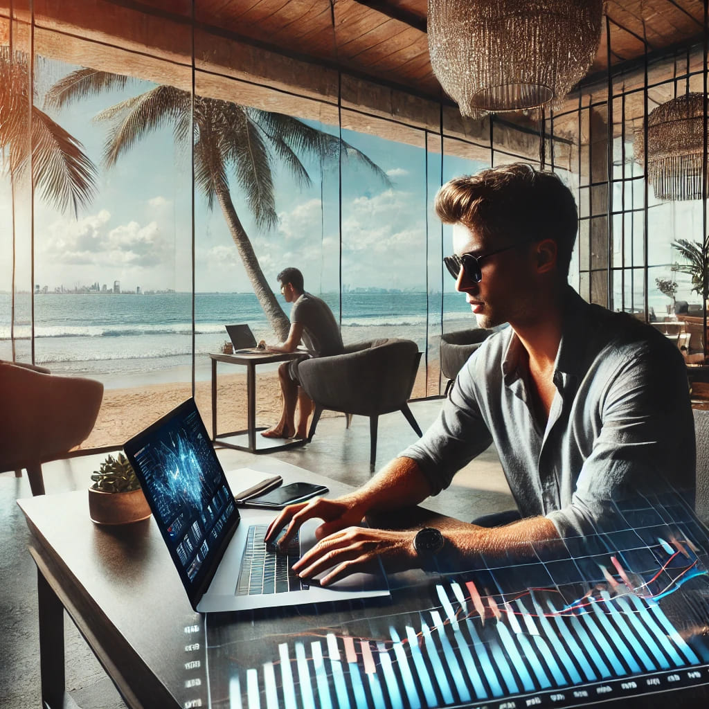 Un espace de travail dynamique et moderne dans un café élégant au bord de la plage, avec un ordinateur portable ouvert sur un graphique de trading à l'écran. En arrière-plan, un jeune homme d'une trentaine d'années a l'air concentré tout en travaillant sur son ordinateur portable, avec des palmiers et l'océan visibles à travers de grandes fenêtres. L'atmosphère reflète la liberté, l'indépendance financière et le mode de vie des nomades numériques, avec un soupçon de lieux exotiques comme Bali ou Dubaï.