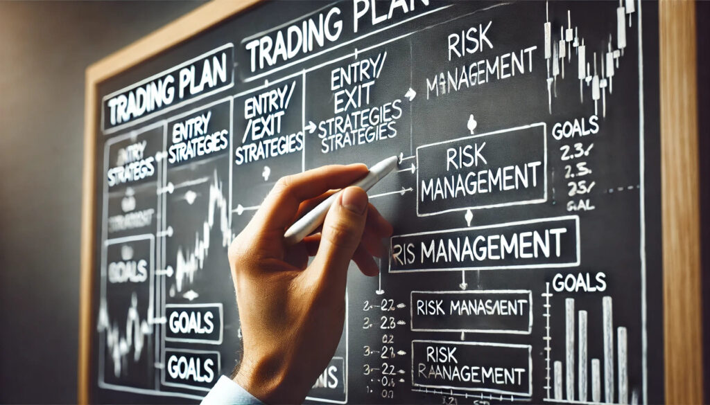 Gros plan sur un plan de trading détaillé écrit sur un tableau blanc, avec des sections telles que « Stratégies d'entrée/sortie », « Gestion des risques » et « Objectifs ». L'image montre la main d'un trader effectuant les derniers ajustements, ce qui symbolise l'importance d'avoir un plan solide avant de commencer à relever le défi.