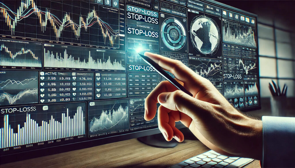 Un écran de trading avec plusieurs transactions actives, chacune avec des niveaux de stop-loss clairement définis. La main d'un trader place un stop-loss sur l'une des transactions, démontrant ainsi des techniques pratiques de gestion des risques. L'accent est mis sur l'aspect technique de la mise en place de mesures de protection dans le cadre d'une stratégie de trading.