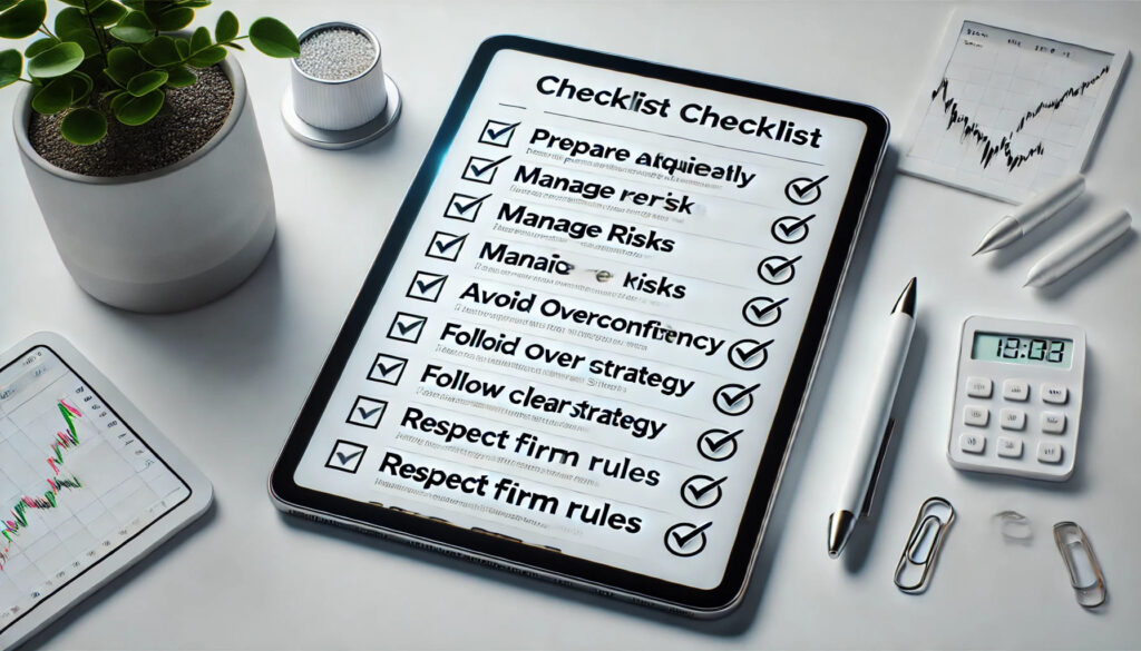 Une checklist propre et moderne sur une tablette numérique, avec des éléments tels que « Se préparer de manière adéquate », « Gérer les risques », « Éviter l'excès de confiance », « Suivre une stratégie claire » et « Respecter les règles de l'entreprise », qui sont tous cochés. L'image transmet un sentiment d'achèvement et de préparation, symbolisant un trader qui a appris et est prêt à éviter les pièges les plus courants.