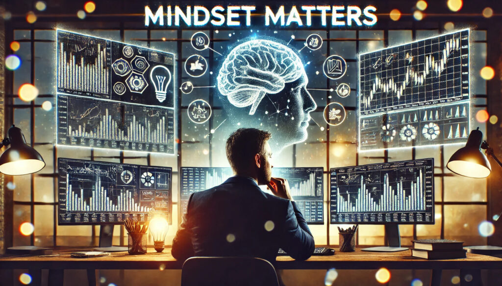 Un trader assis à un bureau avec plusieurs écrans affichant des graphiques de trading. Le trader a une expression pensive, avec un faible texte sur l'écran affichant « Mindset Matters » et des symboles de motivation comme un cerveau ou une ampoule, soulignant la préparation mentale nécessaire pour relever le défi.