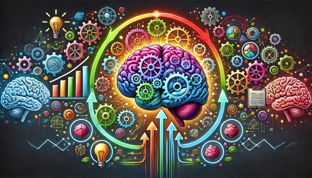 Illustration vivante d'un cerveau avec des engrenages interconnectés et des barres de progression, symbolisant un état d'esprit de croissance. Sous le cerveau, de petites icônes représentent des obstacles qui se transforment en opportunités d'apprentissage, avec des flèches pointant vers le succès et la croissance, renforçant ainsi le concept de résilience.