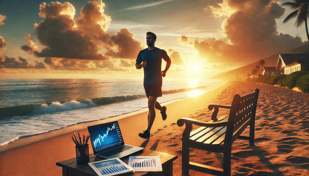 Un trader allant courir le long d'une plage au lever du soleil, avec son ordinateur portable et son matériel de trading laissés sur un banc. Cette image symbolise l'importance de l'activité physique pour gérer le stress et rester mentalement prêt à relever le défi. Afin de se préparer pour un challenge prop firm.