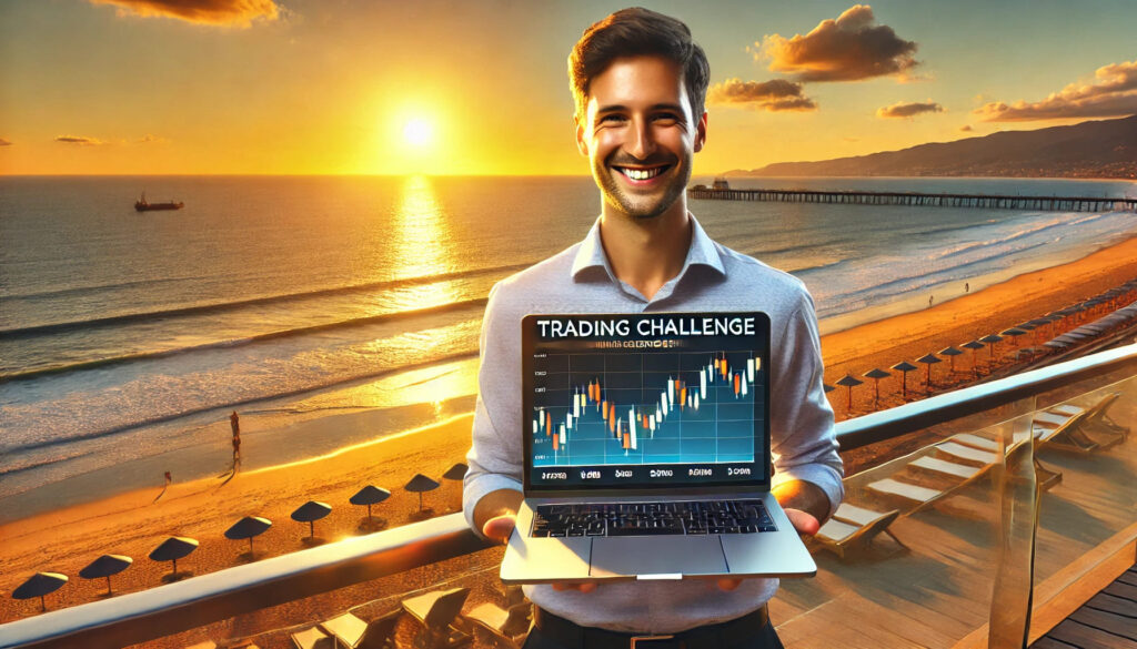 Un trader souriant, debout sur une terrasse avec une belle plage en arrière-plan, tenant un ordinateur portable affichant la réussite d'un défi de trading. Le trader a l'air détendu et confiant, le coucher de soleil jetant une lueur dorée, symbolisant le rêve de liberté financière et de paix mentale.