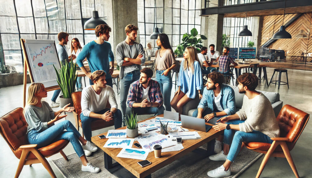 Un groupe de jeunes traders en tenue décontractée dans un espace de travail moderne, engagés dans une discussion énergique autour d'une table avec des graphiques et des ordinateurs portables. Le cadre est favorable et collaboratif, les différents traders s'entraidant, ce qui symbolise l'aspect communautaire de TradingHub.