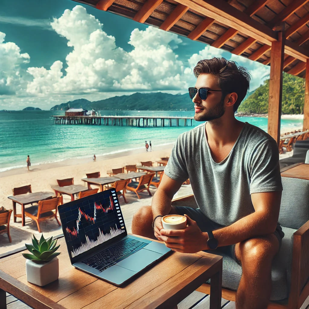 Un jeune trader décontracté est assis dans un café moderne en plein air avec son ordinateur portable, face à une magnifique plage tropicale. Il est habillé de manière décontractée, sirote un café, et des graphiques de trading sont visibles sur l'écran. L'ensemble de la scène reflète la liberté, un mode de vie décontracté et la possibilité de travailler de n'importe où, évoquant le rêve du nomade numérique.