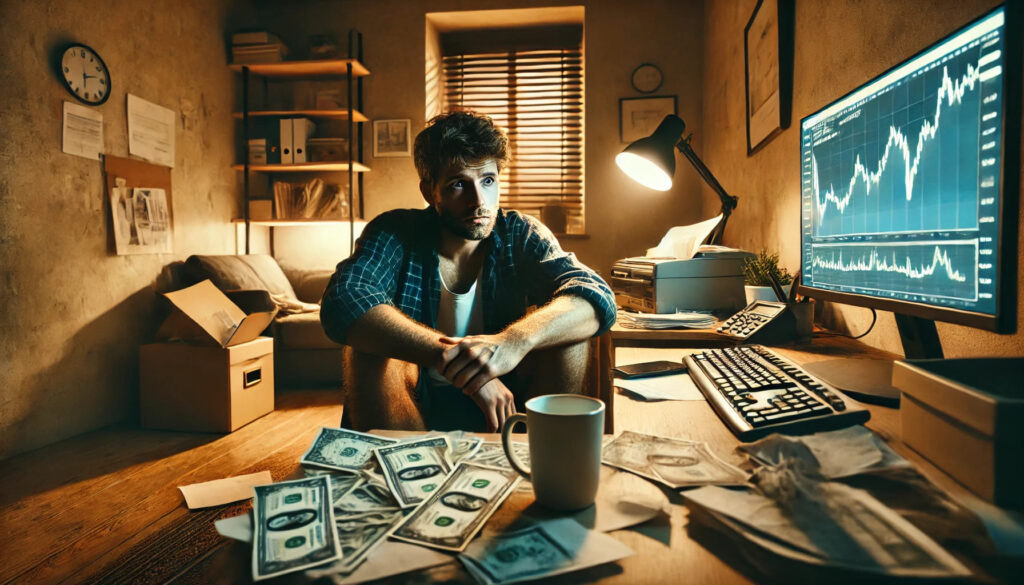 Un trader fatigué travaillant tard le soir dans un petit appartement confortable, avec des tasses de café vides autour de lui et quelques billets éparpillés sur le bureau. Son visage montre un soupçon de stress, représentant les pressions financières et l'isolement qui peuvent accompagner le commerce indépendant.