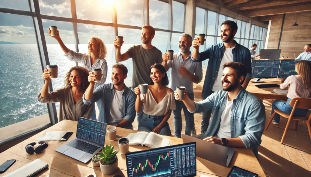 Un groupe de traders divers et heureux dans un espace de co-working moderne au bord de l'océan, fêtant ensemble après une session de trading réussie. Ils trinquent avec du café et l'ambiance est à la camaraderie, au succès partagé et à la réalisation du rêve de liberté financière et de flexibilité géographique.