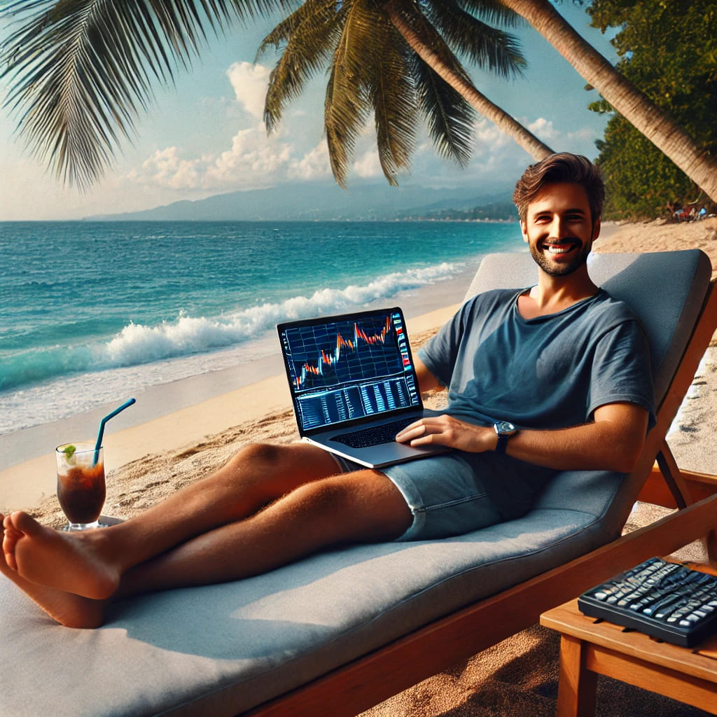 Un trader nomade numérique détendu, assis sur une chaise longue confortable au bord de la plage, avec un ordinateur portable ouvert sur une plateforme de trading. En arrière-plan, les vagues frappent doucement le rivage et un palmier se balance dans la brise. Le trader sourit, symbolisant la liberté de travailler de n'importe où, avec une indépendance financière et sans la pression d'un environnement de bureau.