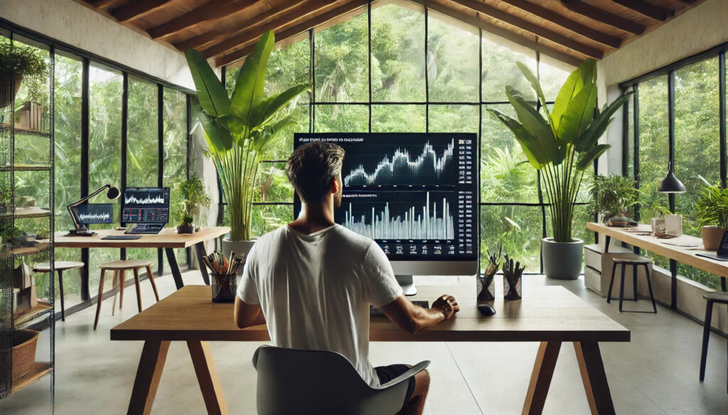 Dans un espace de travail moderne, baigné de lumière naturelle et décoré de façon minimaliste, un trader consulte des tableaux de performance sur un grand écran. En arrière-plan, la verdure tropicale est visible à travers les fenêtres ouvertes, ajoutant un sentiment de tranquillité et d'équilibre. Le trader semble calme et serein alors qu'il passe en revue ses progrès pour une nouvelle tentative sans stress.
