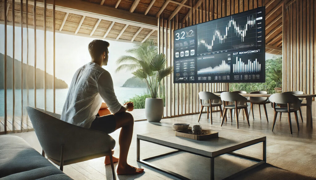  Un jeune trader assis dans un salon moderne en bord de mer, regardant un écran avec des graphiques financiers et des stratégies de gestion des risques. L'atmosphère est détendue et équilibrée, avec une vue tropicale et un design minimaliste, symbolisant une approche harmonieuse de la négociation sans pression excessive.