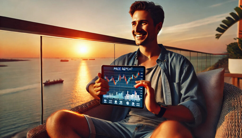 Un trader souriant se détend sur un balcon surplombant l'océan, tenant une tablette avec des graphiques et des analyses. Le coucher de soleil crée une lueur chaude, symbolisant un sentiment d'accomplissement, de liberté et la possibilité de réessayer avec le modèle « Free Repeat », sans stress financier.